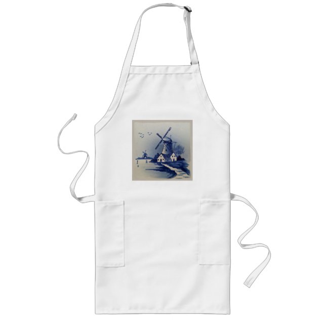 Vintage Blue White Delft Windmill Long Apron (Front)