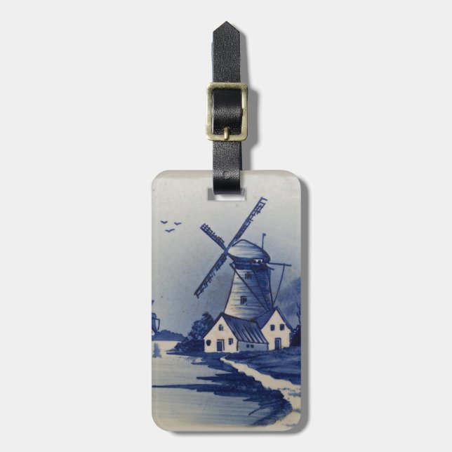 Vintage Blue White Delft Windmill Luggage Tag (Front Vertical)