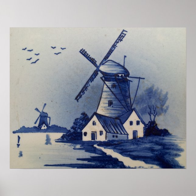 Vintage Blue White Delft Windmill Poster (Front)