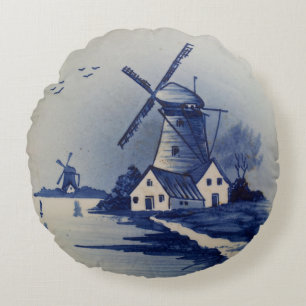 Vintage Blue White Delft Windmill Round Cushion