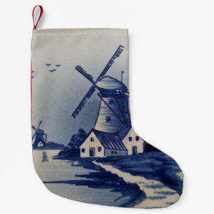 Vintage Blue White Delft Windmill Small Christmas Stocking