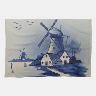 Vintage Blue White Delft Windmill Tea Towel