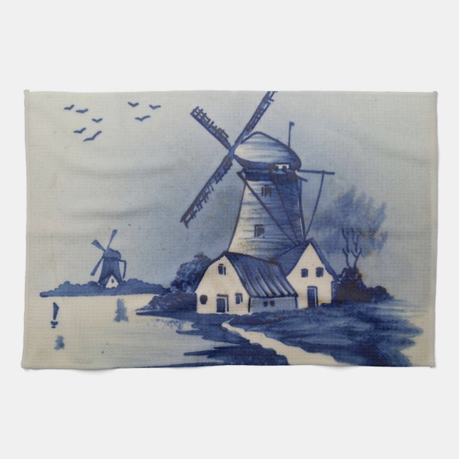 Vintage Blue White Delft Windmill Tea Towel (Horizontal)