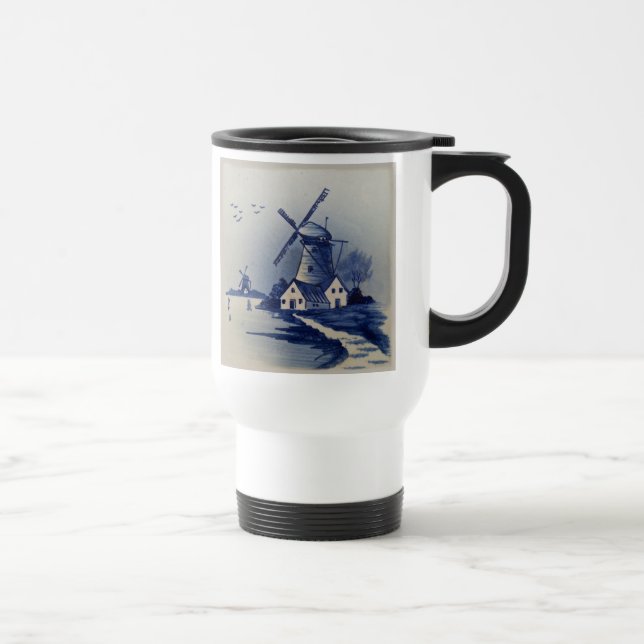 Vintage Blue White Delft Windmill Travel Mug (Right)