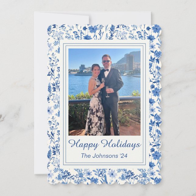 Vintage Blue & White Floral Holiday Card (Front)