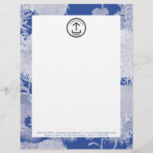 Vintage Blue White Floral Pattern Letterhead Logo
