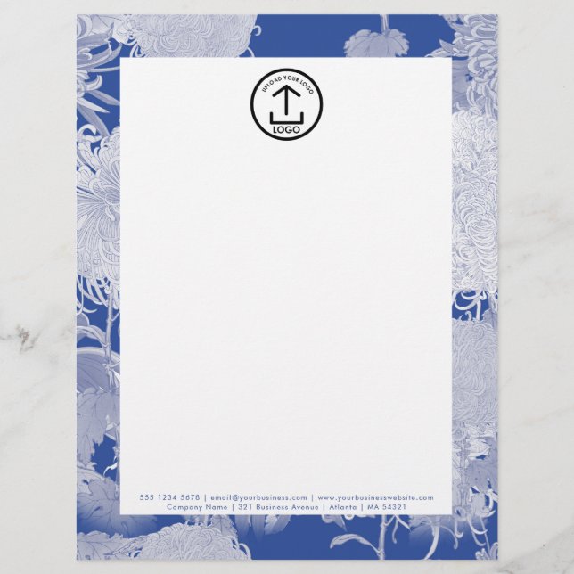 Vintage Blue White Floral Pattern Letterhead Logo (Front)