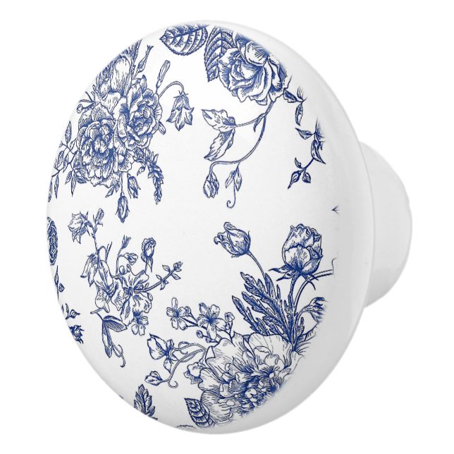 Vintage Blue & White Floral Printed  Ceramic Knob (Right)