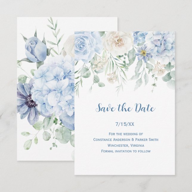 Vintage Blue & White Floral Save the Date (Front/Back)