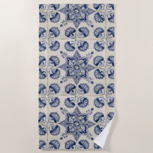  Vintage Blue White Geometric Floral Pattern Beach Towel