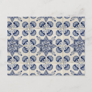 Vintage Blue White Geometric Flower Pattern Holiday Postcard