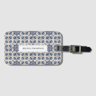  Vintage Blue White Geometric Flower Pattern  Luggage Tag