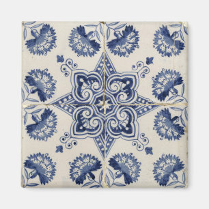 Vintage Blue White Geometric Flower Pattern   Magnet