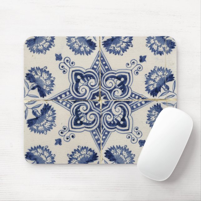  Vintage Blue White Geometric Flower Pattern Mouse Mat (With Mouse)
