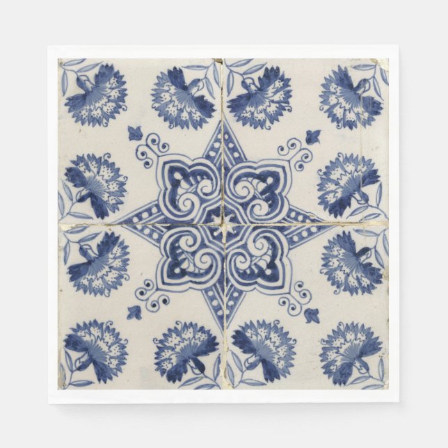  Vintage Blue White Geometric Flower Pattern Napkin (Front)