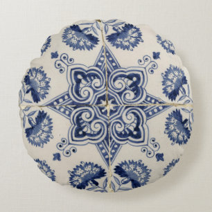 Vintage Blue White Geometric Flower Pattern Round Cushion