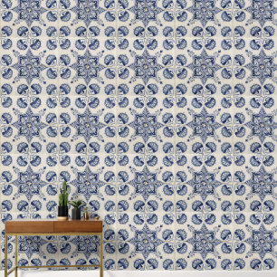  Vintage Blue White Geometric Flower Pattern Wallpaper