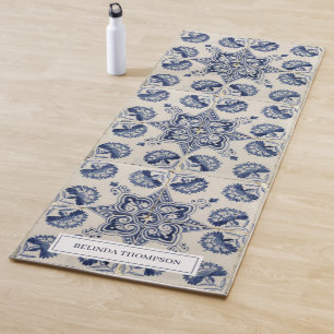 Vintage Blue White Geometric Flower Pattern Yoga Mat