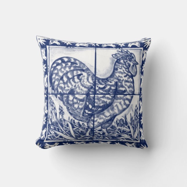 Vintage Blue White Hen Rooster Chicken Delft  Cushion (Front)