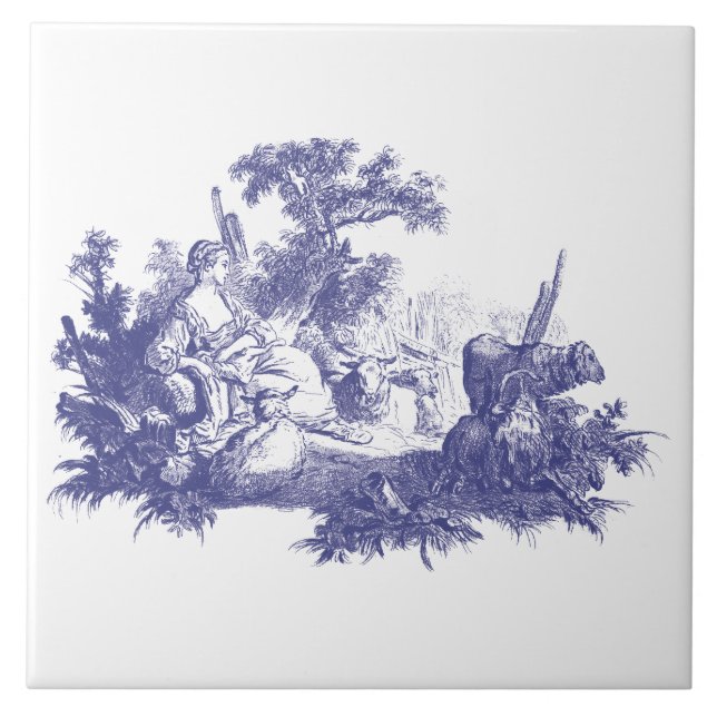 Vintage Blue & White Pastoral Shepherdess Vignette Tile (Front)