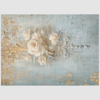Vintage blue white Roses gold foil Decoupage Tissue Paper
