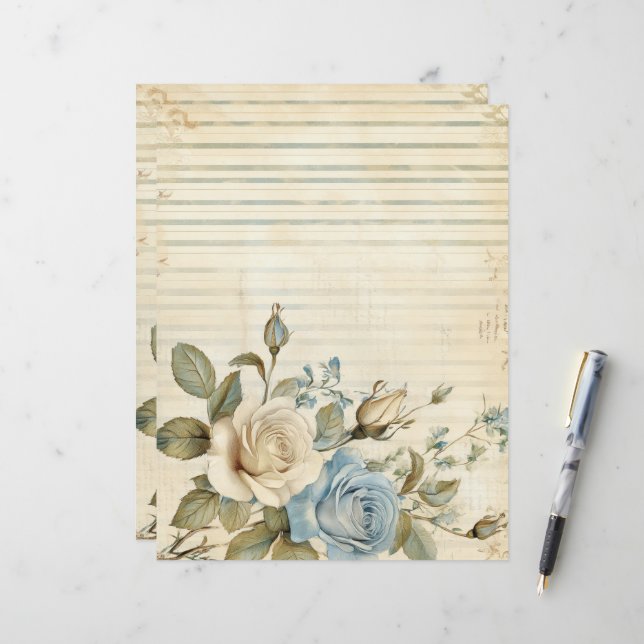Vintage Blue White Roses Junk Journal Paper (Front/Back In Situ)