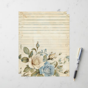 Vintage Blue White Roses Junk Journal Paper