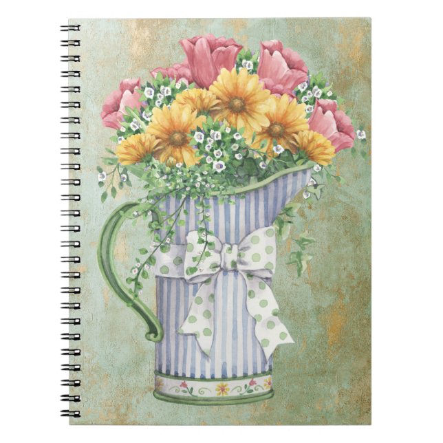 Vintage blue & white stripe jug with flowers notebook (Front)