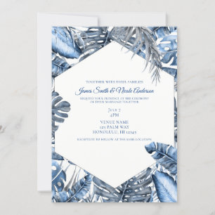 Vintage Blue & White Tropical Palm Leaves Wedding Invitation