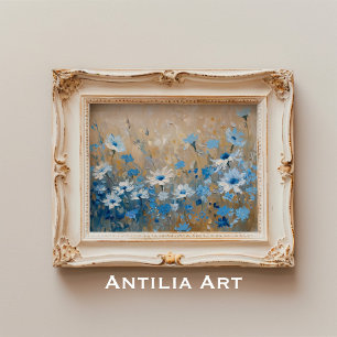 Vintage Blue Wildflower Field Painting Botanical Poster