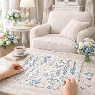 Vintage Blue Wildflower French Toile Pattern Jigsaw Puzzle