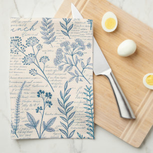 Vintage Blue Wildflower French Toile Pattern Tea Towel