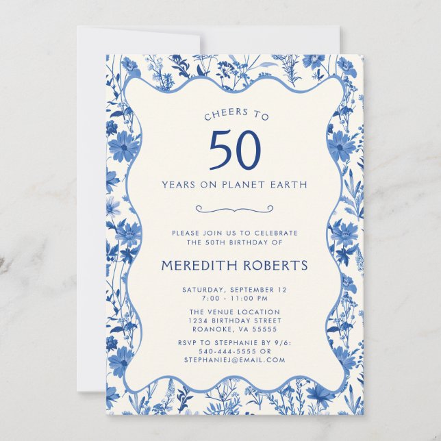 Vintage Blue Wildflowers 50th Birthday Party Invitation (Front)