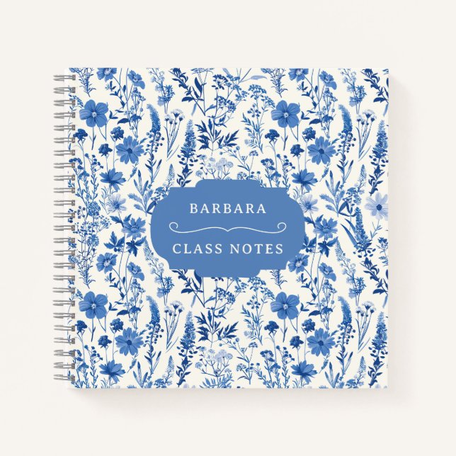 Vintage Blue Wildflowers Personalised Floral Notebook (Front)