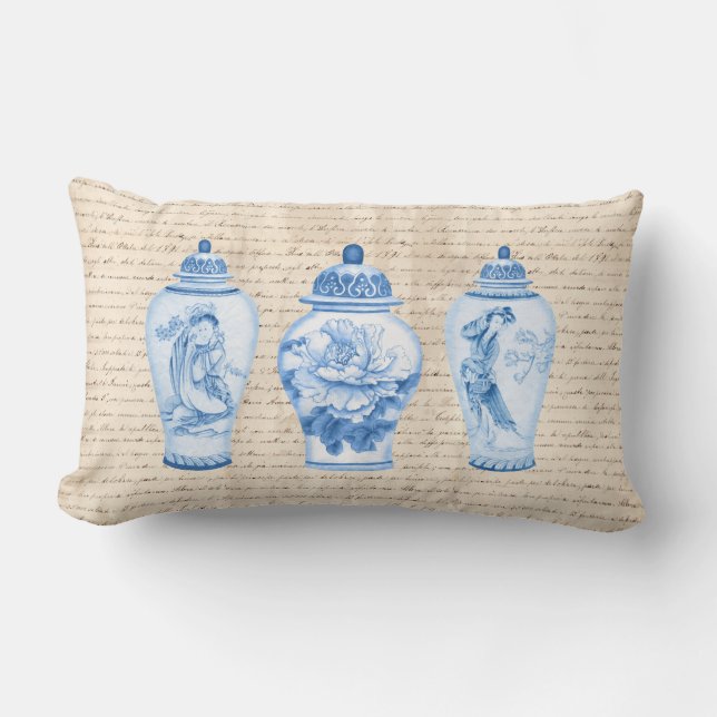Vintage Blue Willow Chinoiserie Ginger Jars Lumbar Cushion (Front)