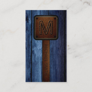Vintage Blue Wood Brown Leather Look Business Card