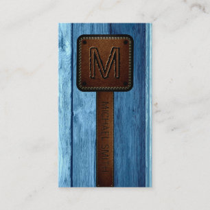 Vintage Blue Wood Brown Leather Look Business Card