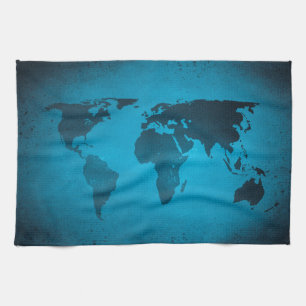 Vintage blue world map tea towel