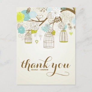 VINTAGE BLUE & YELLOW BIRDCAGES THANK YOU POSTCARD