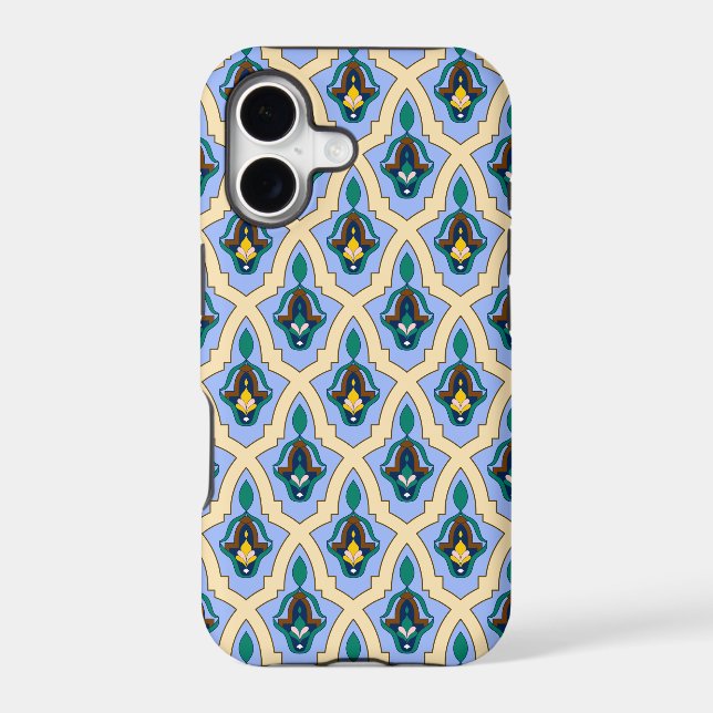 Vintage Blue Yellow Moroccan Arabic Tracery Art (Back)