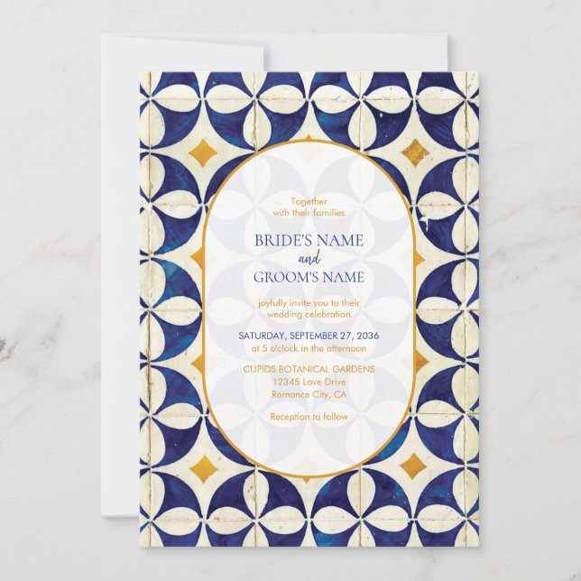 Vintage Blue & Yellow Portuguese Pattern Wedding Invitation (Front)