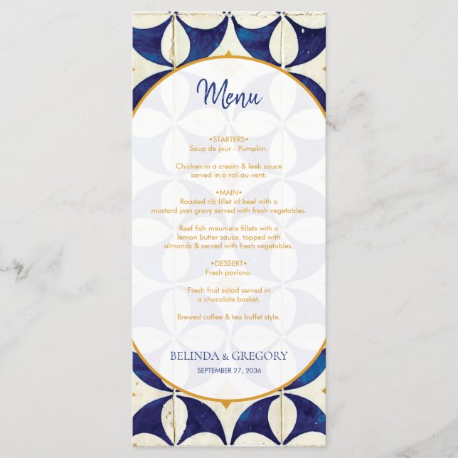 Vintage Blue & Yellow Portuguese Pattern Wedding Menu (Front)