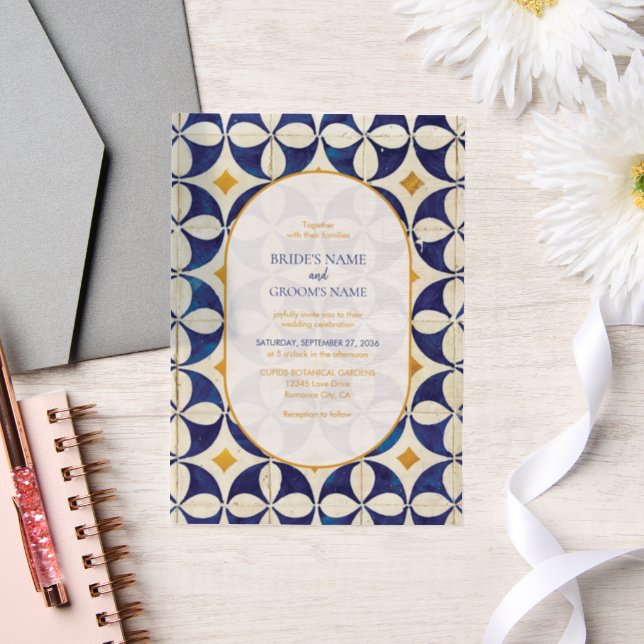 Vintage Blue & Yellow Portuguese Pattern Wedding Vellum Invitations (Wedding)