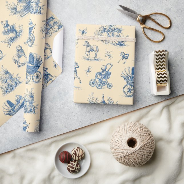 Vintage Blue  & Yellow Toile Baby Theme Wrapping Paper (Crafts)