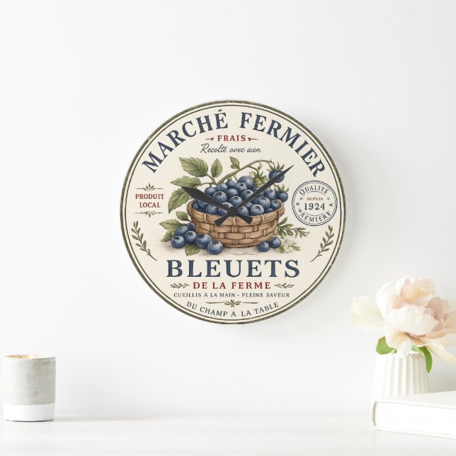 Vintage Blueberries Label Large Clock (Home)