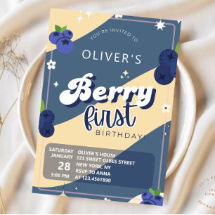 Vintage Blueberry Berry First Birthday Groovy Invitation