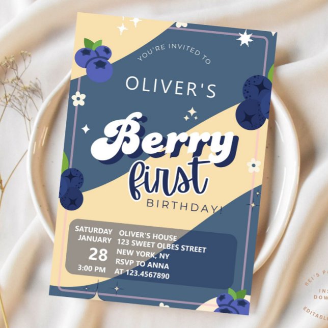 Vintage Blueberry Berry First Birthday Groovy Invitation (Creator Uploaded)
