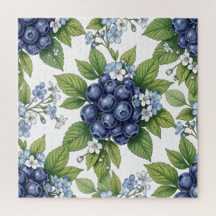 Vintage Blueberry Blossom Botanical Pattern Jigsaw Puzzle