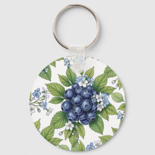 Vintage Blueberry Blossom Botanical Pattern Key Ring