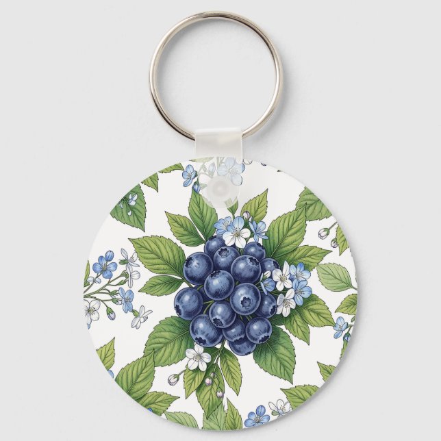 Vintage Blueberry Blossom Botanical Pattern Key Ring (Front)